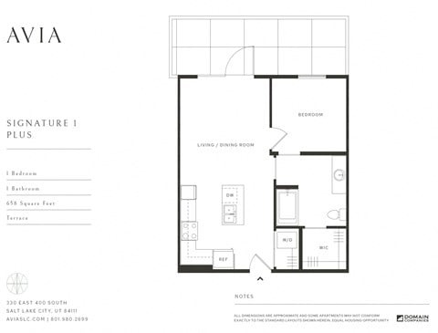 Floor plan for 1 bed, 1 bath, 658 sqft